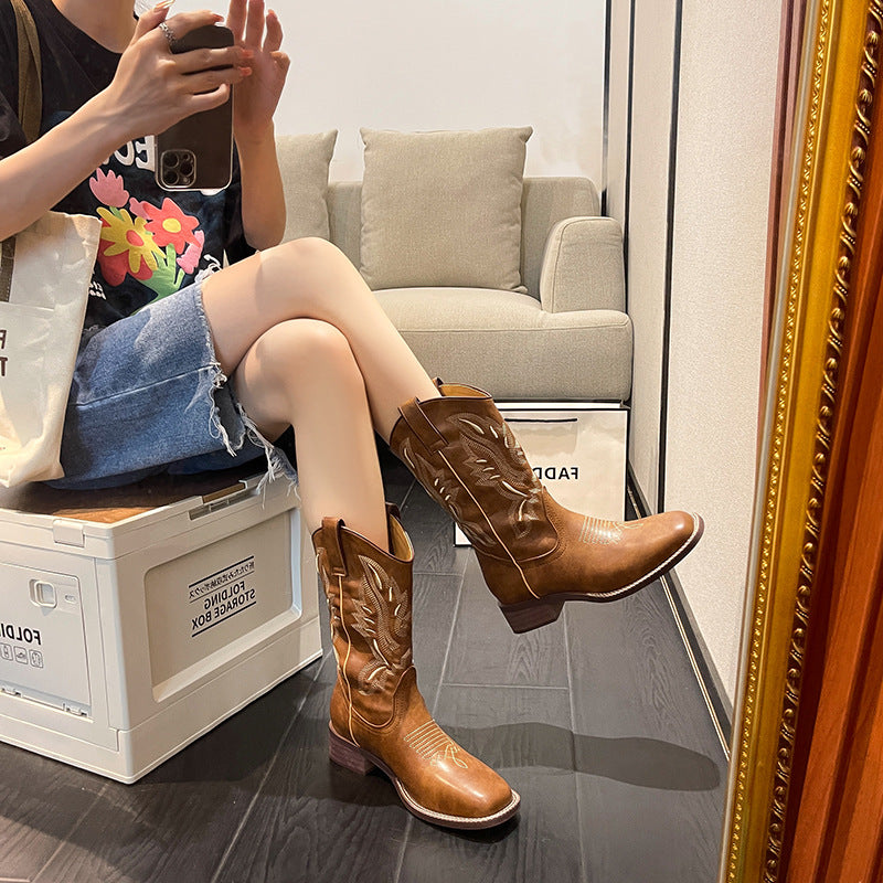 Women’s Cowboy Boots Mid Calf Cowgirl Boots with Embroidery