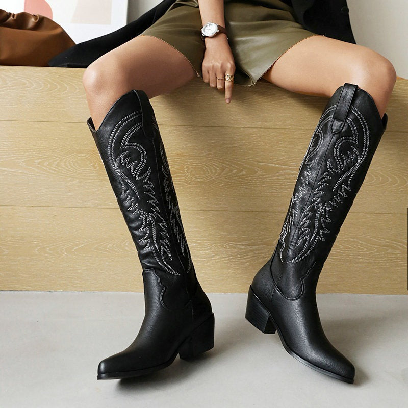 Fashion Retro Classic Embroidered Pull On Tall Cowgirl Boot