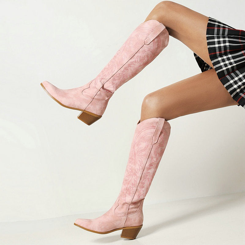 Fashion Retro Classic Embroidered Pull On Tall Cowgirl Boot