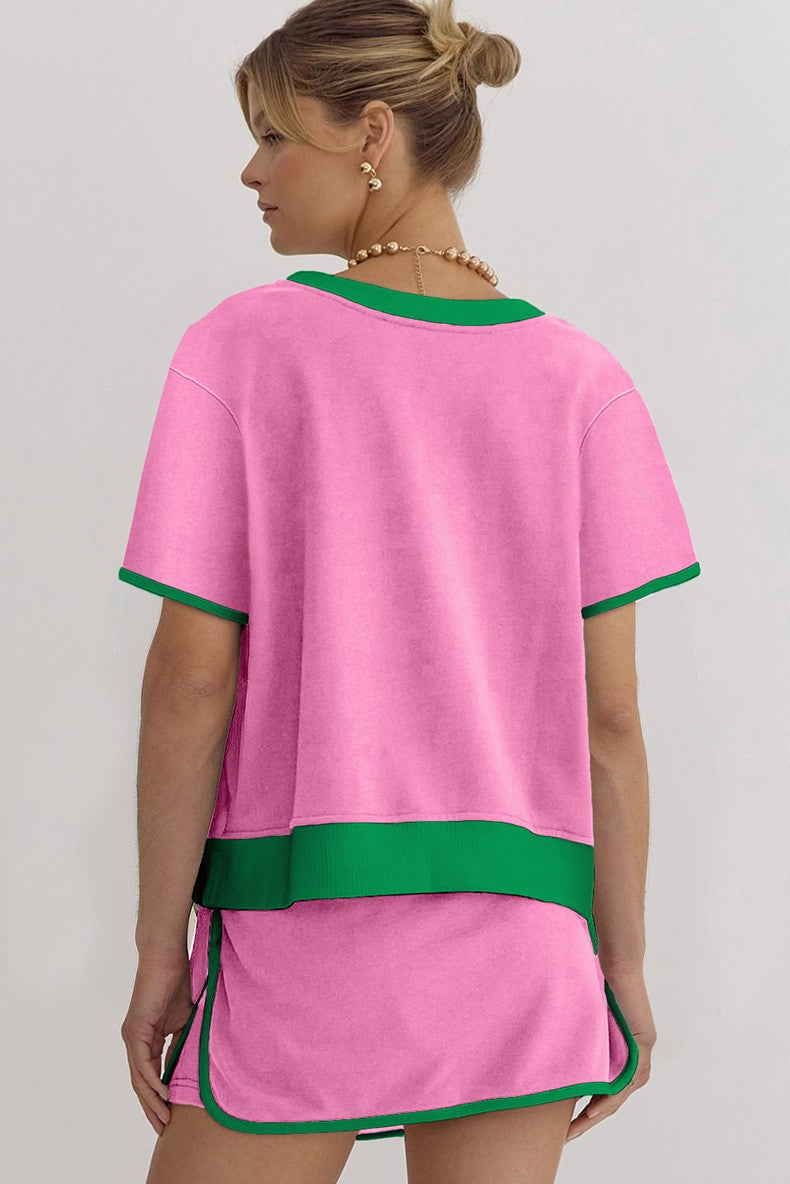 Colorblock Edge Drop Shoulder T-Shirt Skort 2Pcs Set för kvinnor (Köp 2 fri frakt)