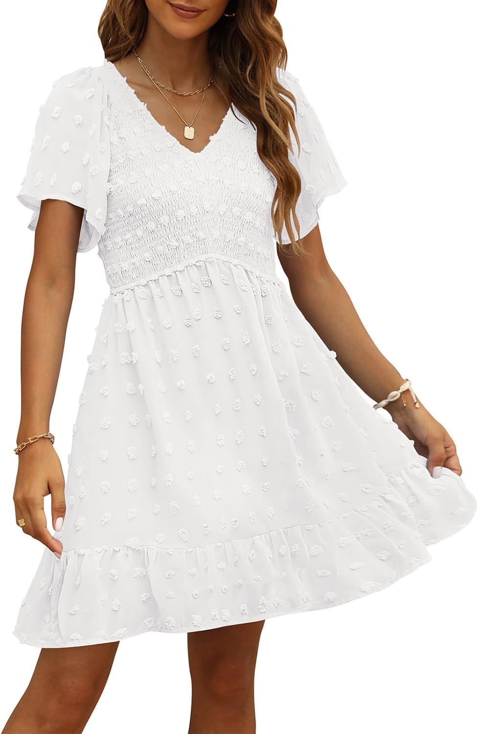 Women's V Neck Smocked Short Sleeve Swiss Dot Casual Dress