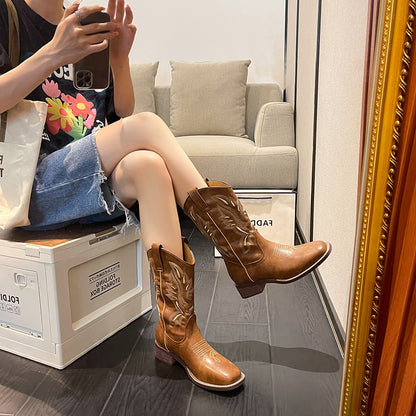 Women’s Cowboy Boots Mid Calf Cowgirl Boots with Embroidery