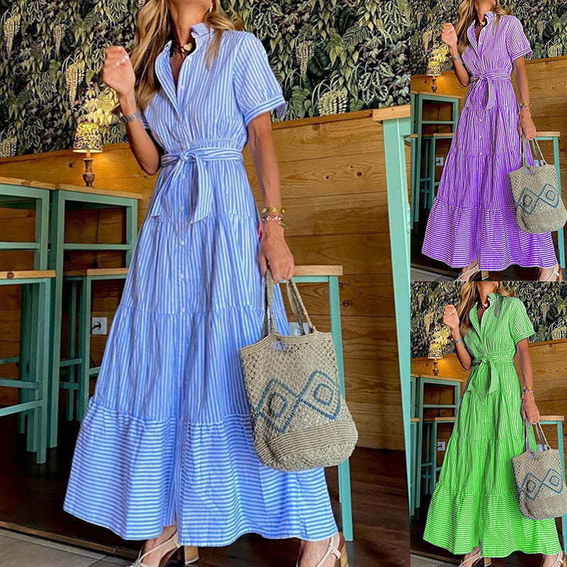 Short-Sleeved V-Neck Ruffled Summer Dress