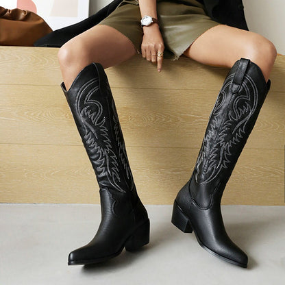 Fashion Retro Classic  Embroidered Pull On Tall Cowgirl Boot
