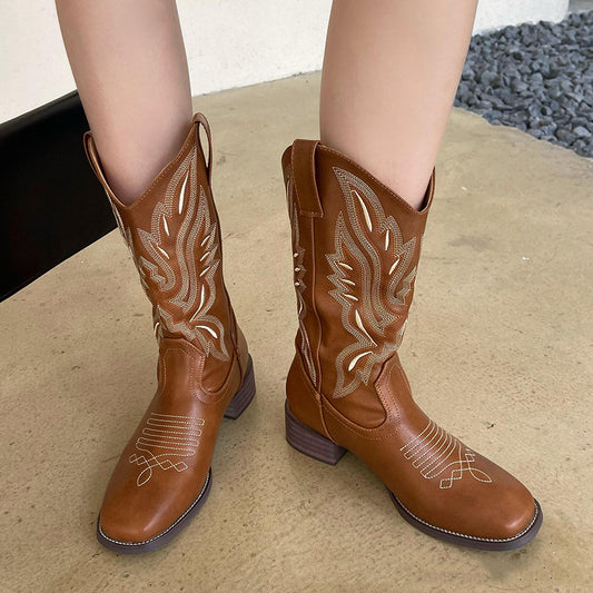 Women’s Cowboy Boots Mid Calf Cowgirl Boots with Embroidery