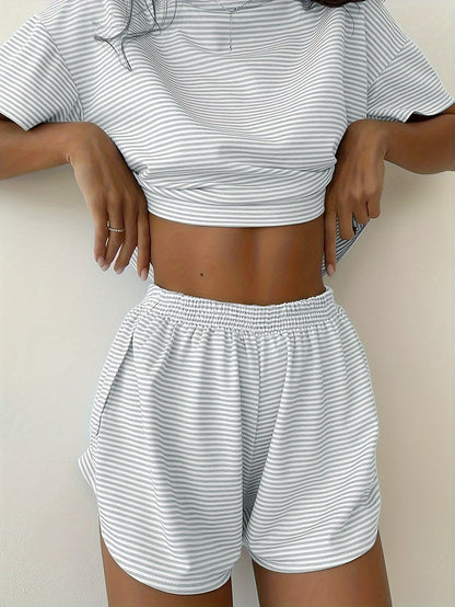 🔥Hot Sales 48% OFF - Sidodelade Shorts För Kvinnor Pyjamasset Randigt tryck Crew Neck Kortärmad
