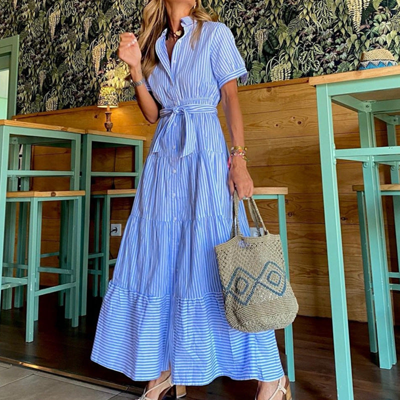 Short-Sleeved V-Neck Ruffled Summer Dress