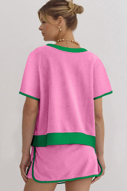 Colorblock Edge Drop Shoulder T-Shirt Skort 2Pcs Set för kvinnor (Köp 2 fri frakt)