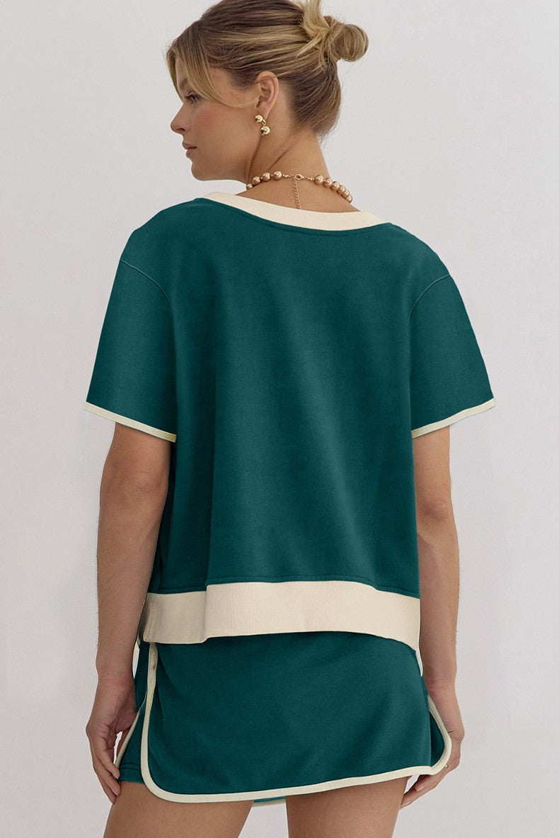 Colorblock Edge Drop Shoulder T-Shirt Skort 2Pcs Set för kvinnor (Köp 2 fri frakt)