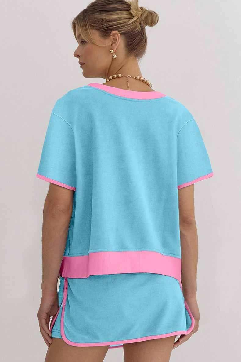 Colorblock Edge Drop Shoulder T-Shirt Skort 2Pcs Set för kvinnor (Köp 2 fri frakt)