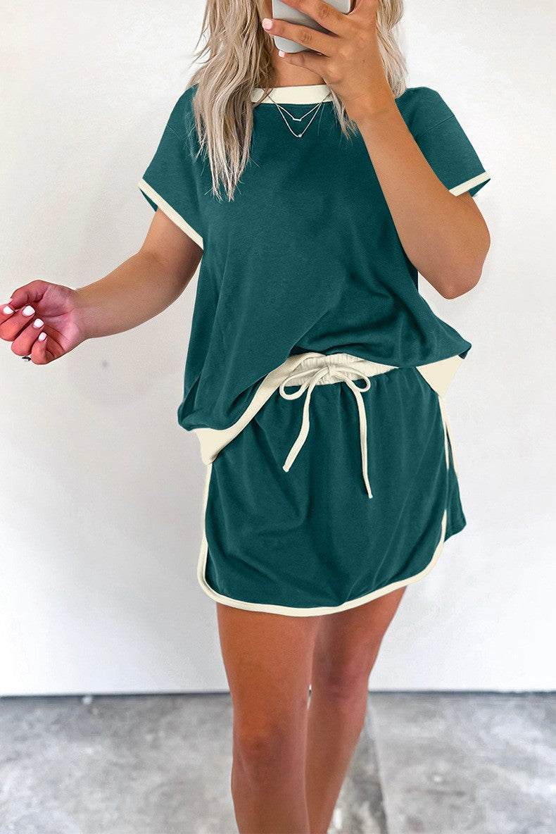 Colorblock Edge Drop Shoulder T-Shirt Skort 2Pcs Set för kvinnor (Köp 2 fri frakt)