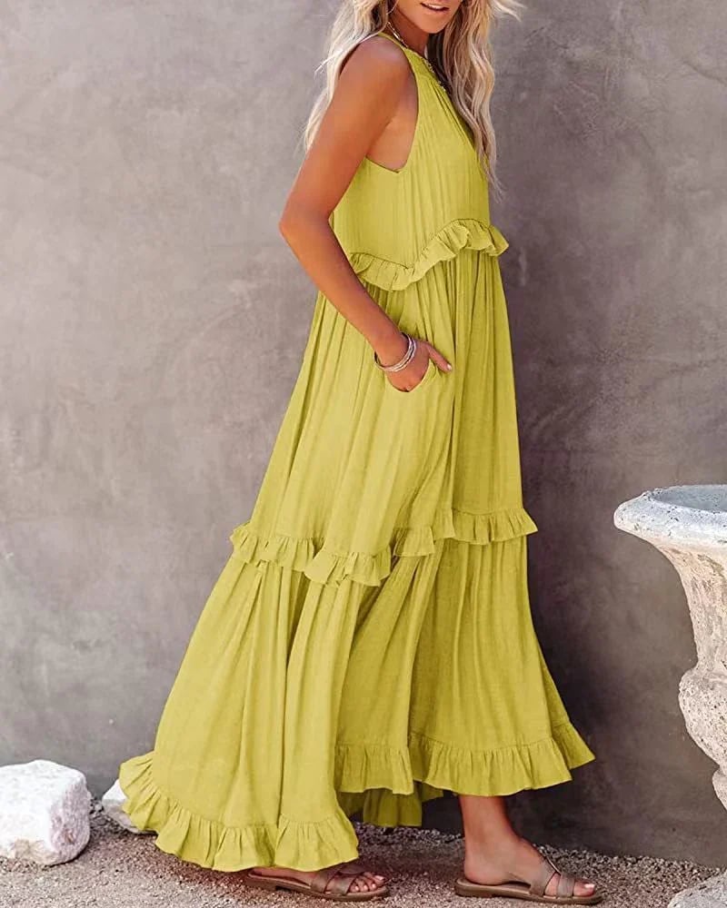 Flounced Long Dress In Vacation Style