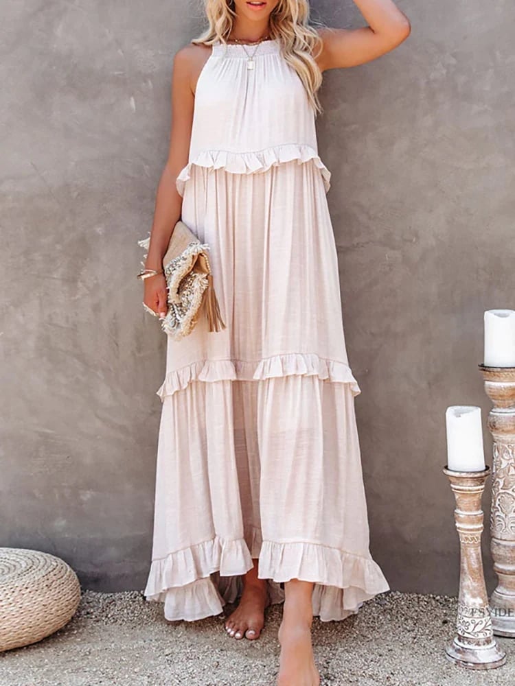 Flounced Long Dress In Vacation Style