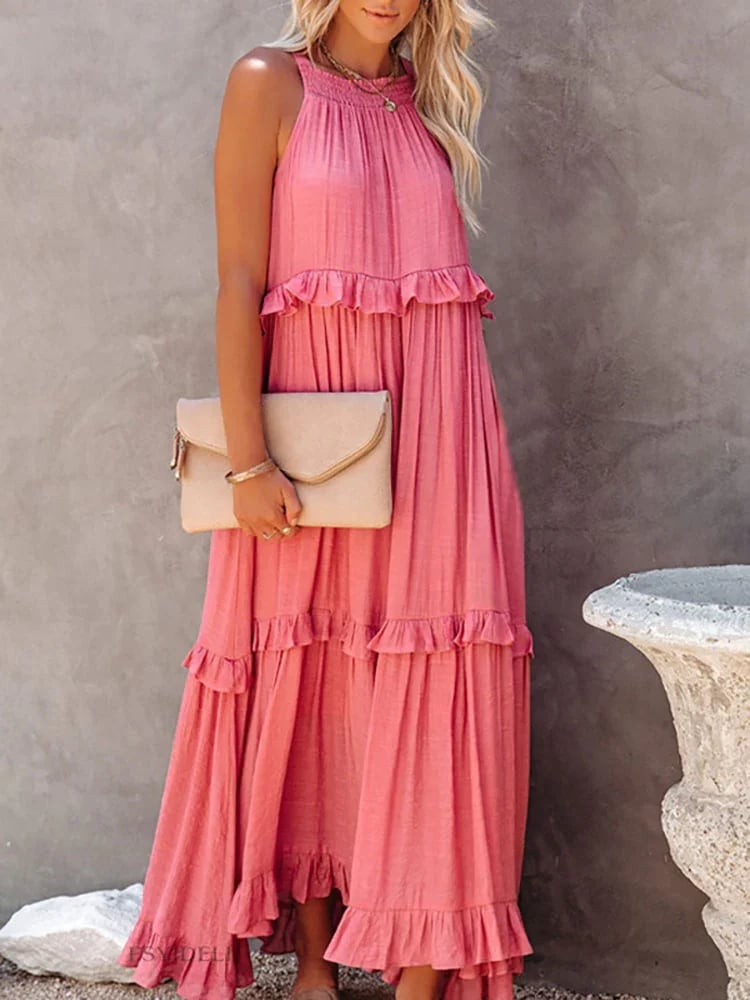 Flounced Long Dress In Vacation Style