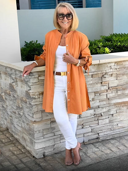 Veste longue en coton de couleur unie pour femme, coupe trapèze, flatteuse, froncée dans le dos 