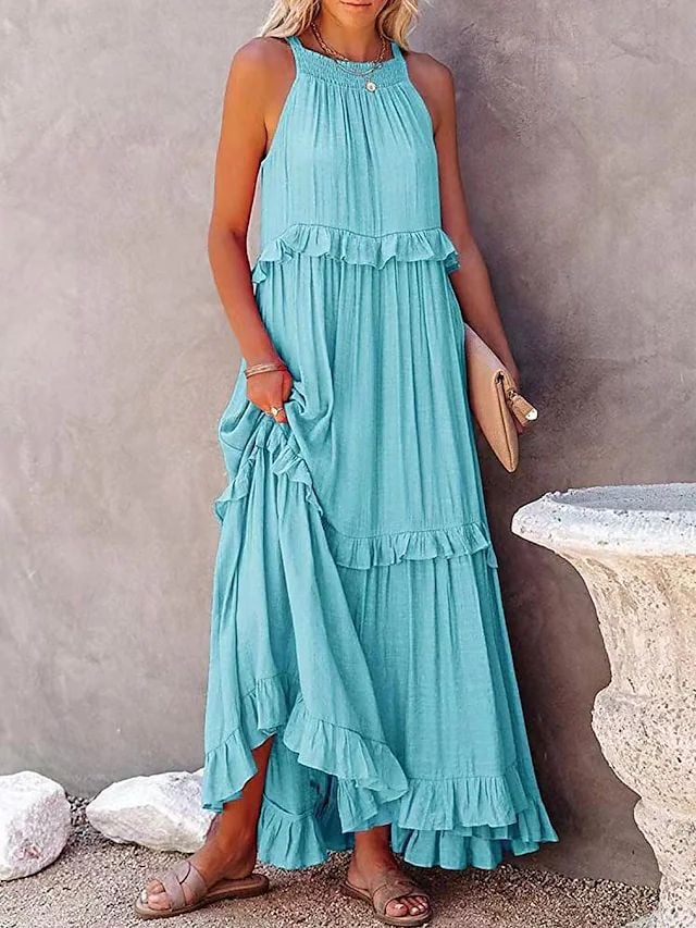 Flounced Long Dress In Vacation Style