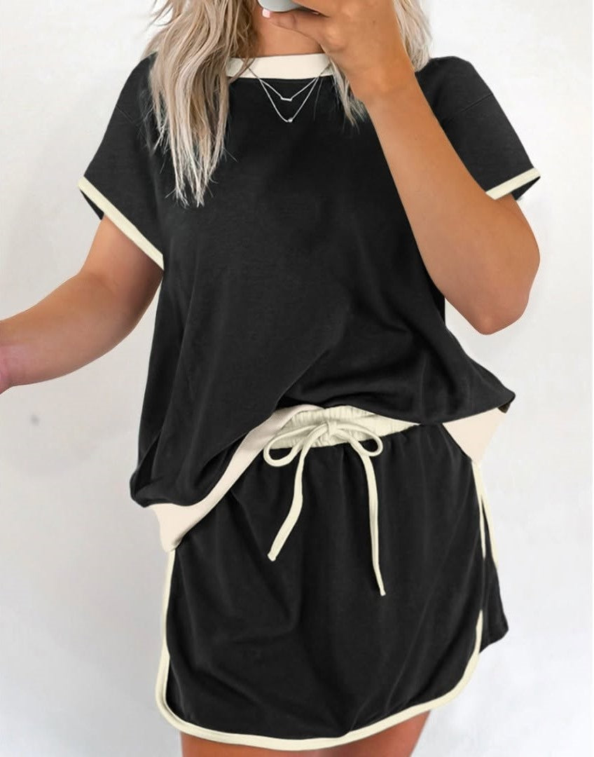 Colorblock Edge Drop Shoulder T-Shirt Skort 2Pcs Set för kvinnor (Köp 2 fri frakt)