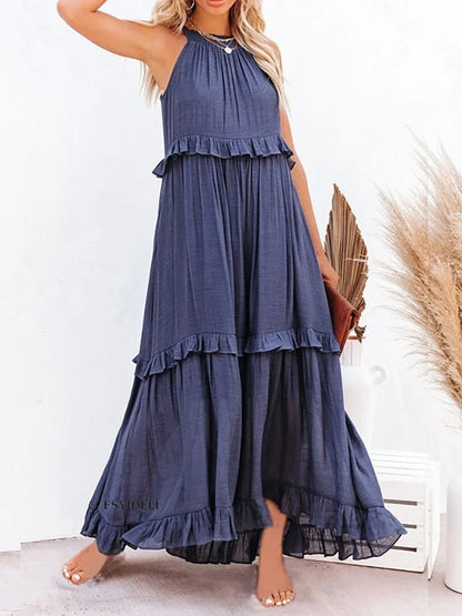 Flounced Long Dress In Vacation Style