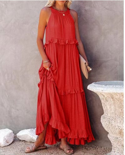 Flounced Long Dress In Vacation Style