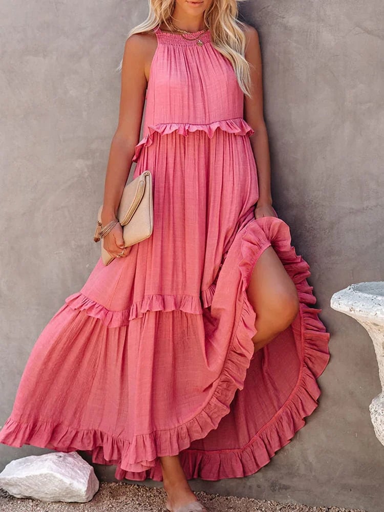 Flounced Long Dress In Vacation Style