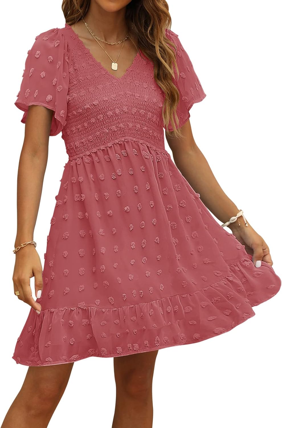 Women's V Neck Smocked Short Sleeve Swiss Dot Casual Dress