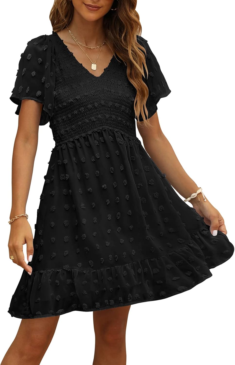 Women's V Neck Smocked Short Sleeve Swiss Dot Casual Dress