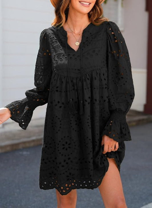 Womens Casual Dress Tassel V Neck Hollow Out Lace Party Dresses