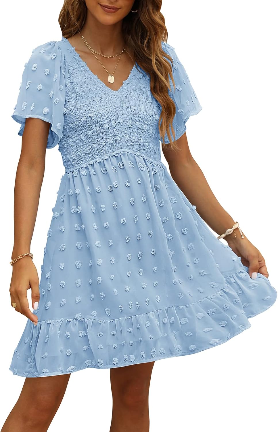 Women's V Neck Smocked Short Sleeve Swiss Dot Casual Dress