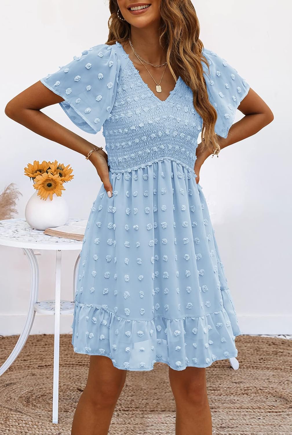Women's V Neck Smocked Short Sleeve Swiss Dot Casual Dress