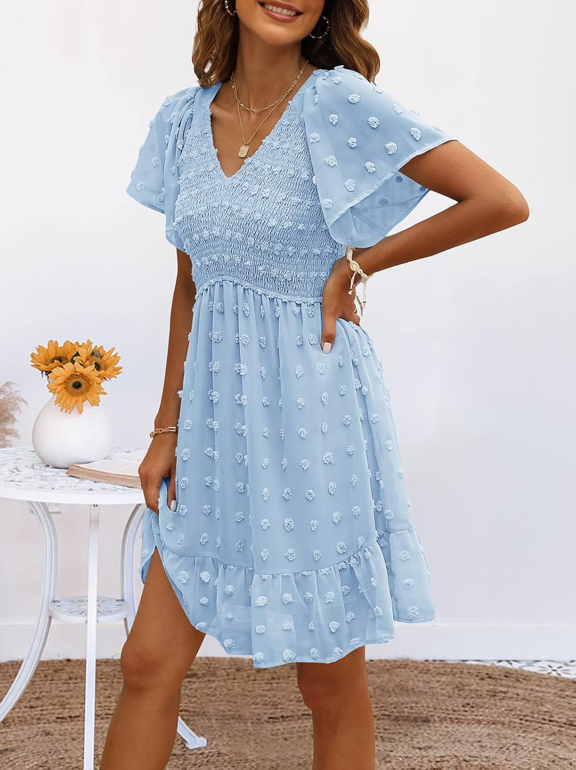Women's V Neck Smocked Short Sleeve Swiss Dot Casual Dress