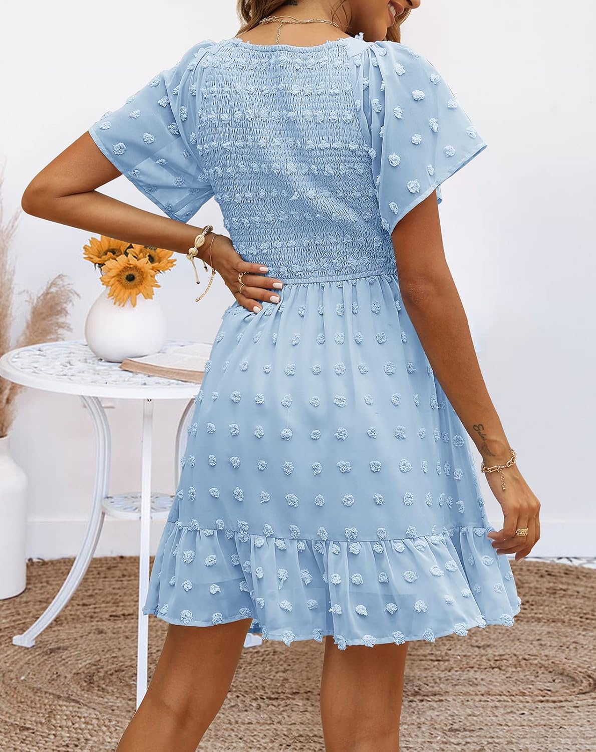 Women's V Neck Smocked Short Sleeve Swiss Dot Casual Dress