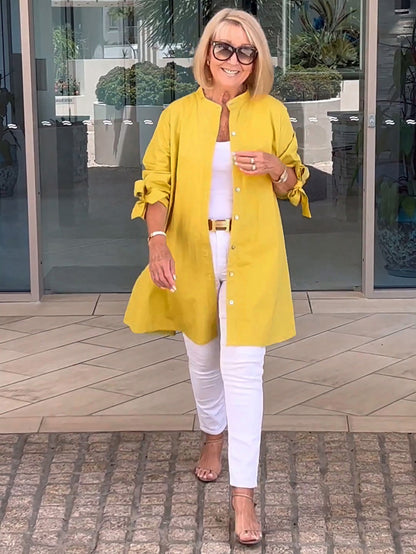 Veste longue en coton de couleur unie pour femme, coupe trapèze, flatteuse, froncée dans le dos 