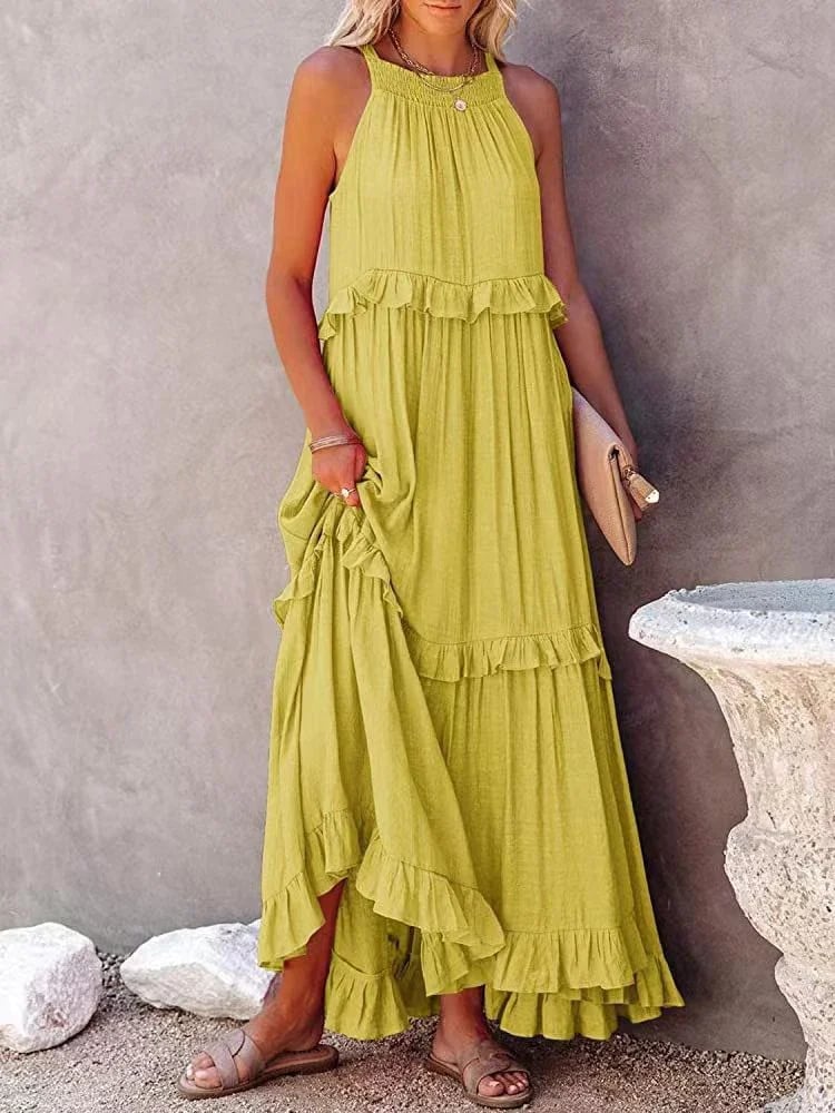 Flounced Long Dress In Vacation Style