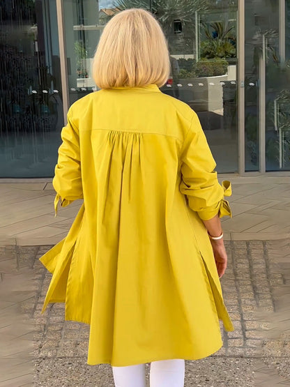 Veste longue en coton de couleur unie pour femme, coupe trapèze, flatteuse, froncée dans le dos 